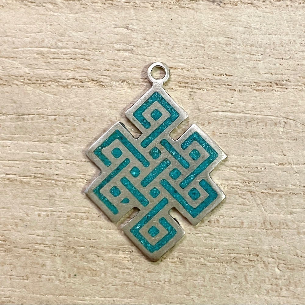 Turquoise Endless Eternal Knot Tibetan Silver Pendant